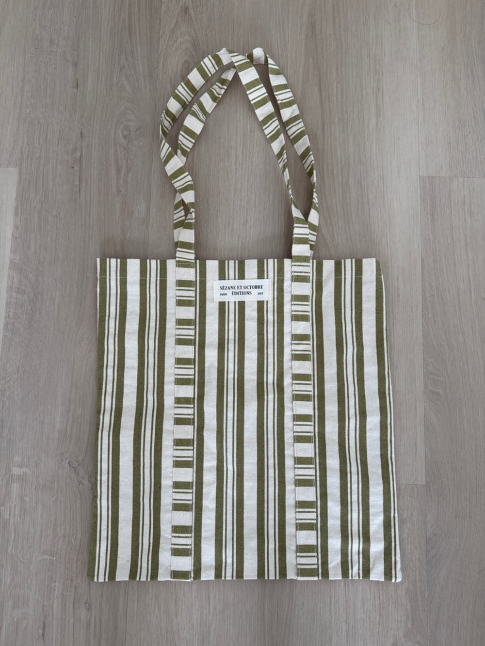 Sézane Green Striped Canvas Tote Bag